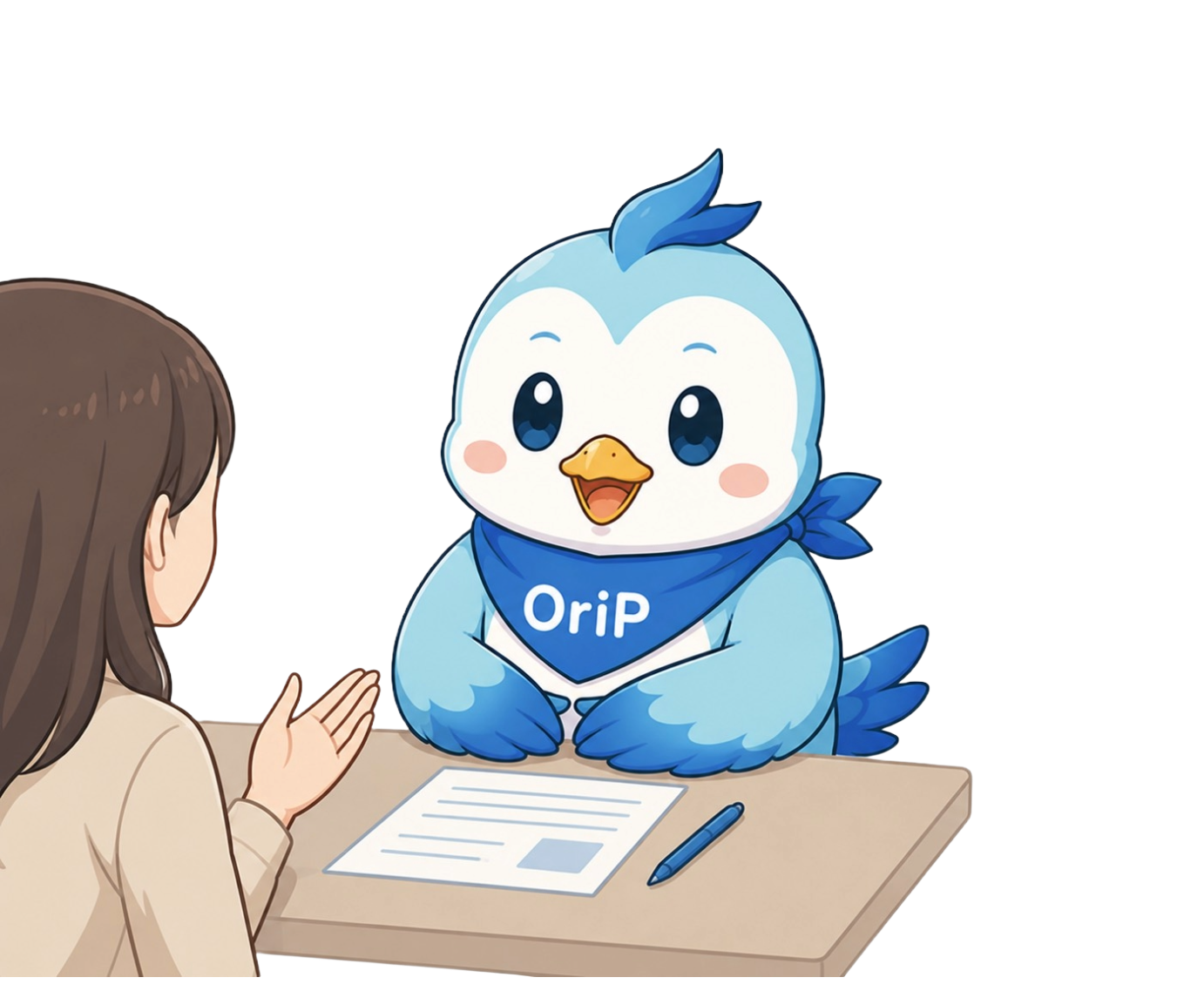 OriPキャラクターがお客様の相談を聞くポーズ