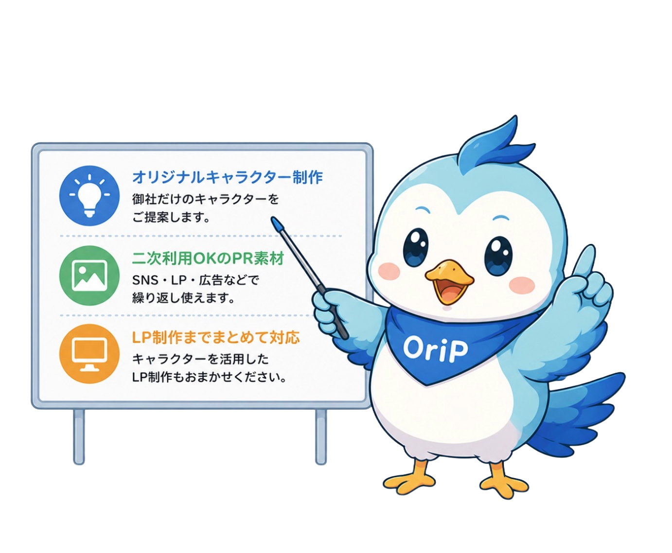 OriPキャラクターがボードで説明するポーズ